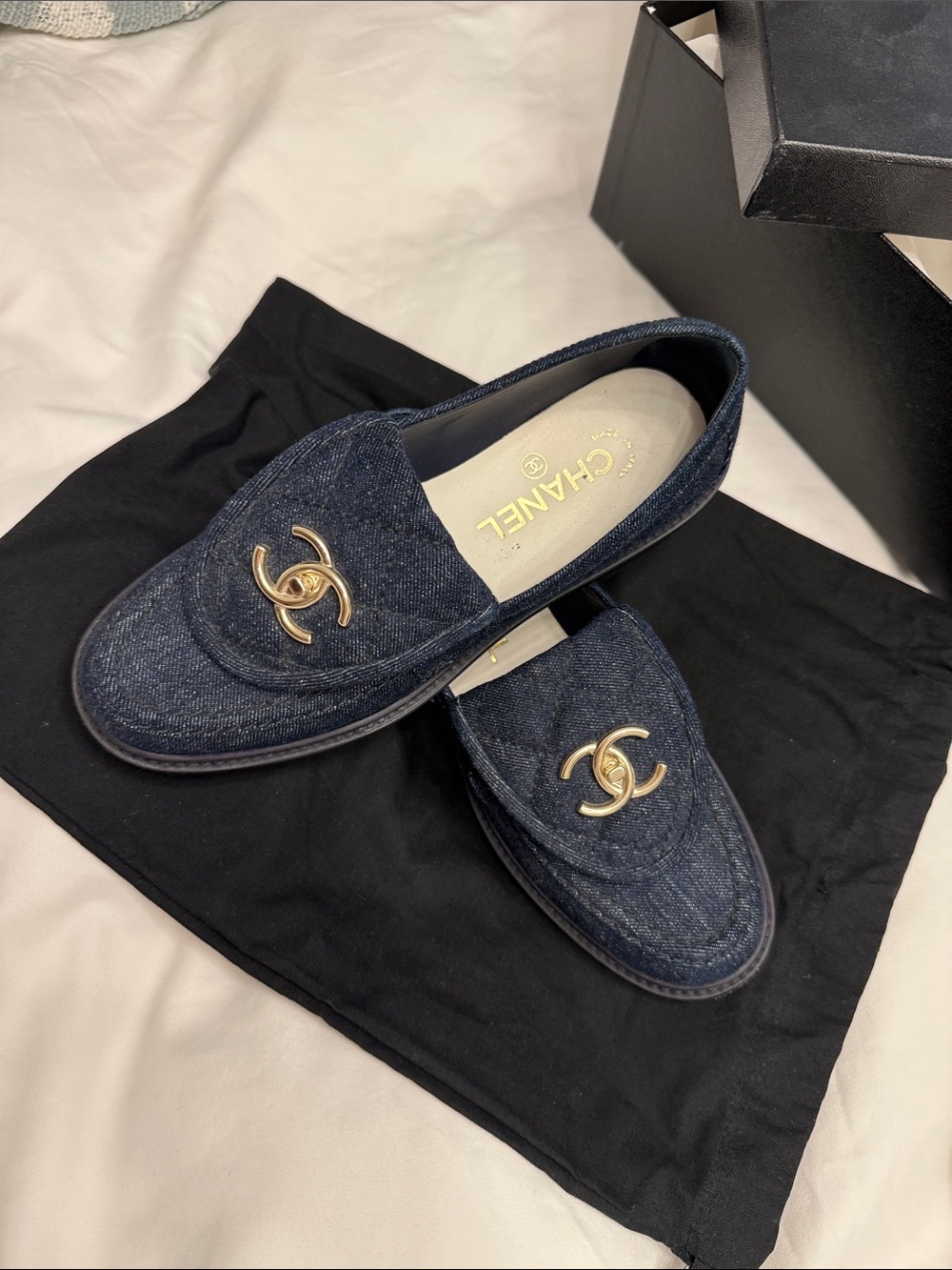 CHANEL Denim Loafers with Gold CC Hardware in Dark Blue.Box & dust bags included - Picture 8 of 8